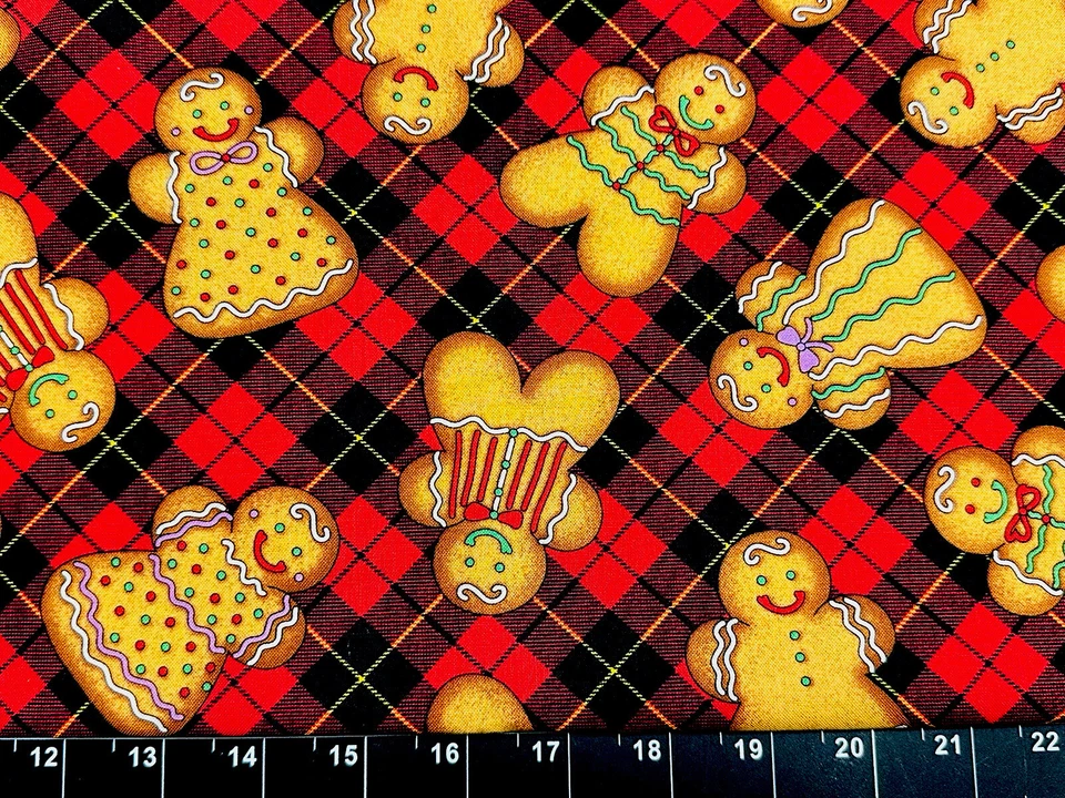 Tina SCRAP 9"x21" Christmas Cookies Gingerbread Plaid Red Black Fabric Cotton - Image 1 of 1