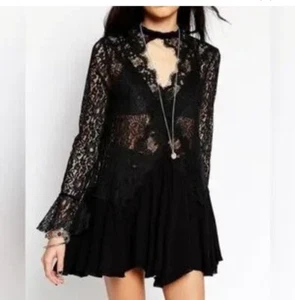Free People Tell Tale Lace Mini Dress Blk Keyhole Back Sheer Tunic Women XS K8b  - Picture 1 of 13