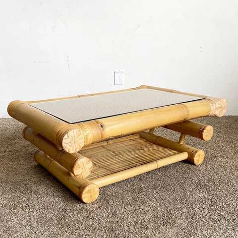 Boho Chic Two Tier Chunky Bamboo Rattan Coffee Table Cover