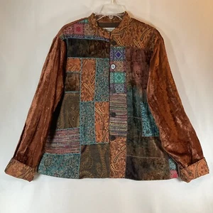 Coldwater Creek Velluto Patchwork Arazzo Marrone Verde Verde Abbottonata Arte Abbigliamento L - Foto 1 di 13