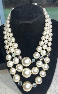 G1042~ Chunky Faux Pearl Necklace 3 Strand Layered Faceted Clear Beads 18” - Picture 1 of 4