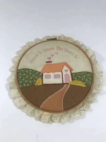 Vintage Home Is Where The Heart Is Lace Trimmed Circle Wall Hanging Primitive Cover