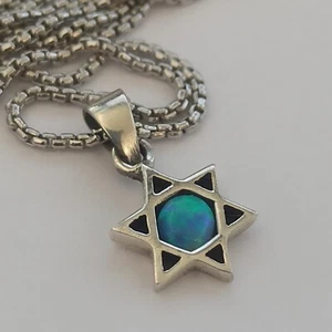 Star of David Opal Necklace Small Silver 925 Men's Thick Chain Magen Gift 20 in - Picture 1 of 18