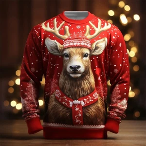 Christmas Reindeer Sweatshirt 3D Printed Winter Holiday Pullover for Men & Women - Picture 1 of 6