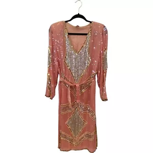Vestido midi estilo decorativo vintage rosa seda para mujer talla L cuello en V lentejuelas deslumbrante - Imagen 1 de 8