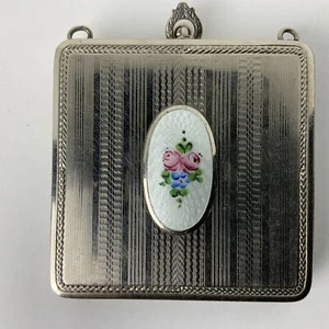 Antique Finberg Guilloche Compact Pendant Purse Silver Tone-Pink Enamel Floral - Foto 1 di 12