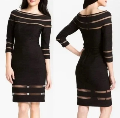 Vestido Tadashi Shoji Talla M Negro Ilusión Malla Rayas Pintuck Plisados Jersey Foto 1 de 4