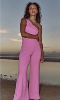 FREE PEOPLE FP BEACH PINK WAVERLY SWEATER ONE SHOULDER JUMPSUIT WIDE LEG SZ S Foto 1 de 4