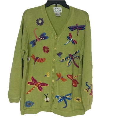 The Quacker Factory Small Large Sweater Green Colorful Dragonflies Bees Flowers - Image 1 of 4