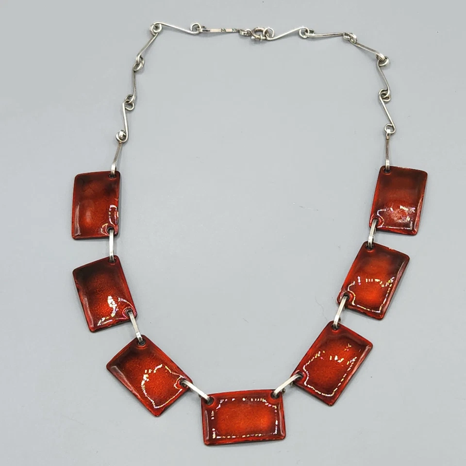 Collar de eslabones de barra panel esmalte rojo modernista plata 800 firmado vintage 16" Foto 1 de 4