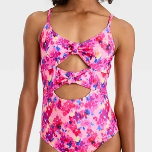 Girls Art Class Painted Garden Floral One Piece Cut Out Monokini Swimsuit XL 14 - Picture 1 of 6