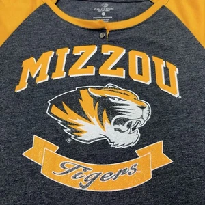 Camisa de los Tigres de Missouri para Mujer M Mizzou Top NCAA Gris Dorado Botón Henley Raglán T - Imagen 1 de 10
