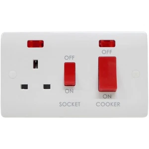 45A Cooker Oven Switch with 13A Socket and Neon Red Rocker White Curved Edge DP - Picture 1 of 8