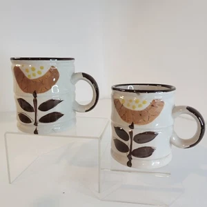 Set of 2 Mid Century Modern MCM Floral Boho Handpainted Coffee Tea Mug Cup - Picture 1 of 7
