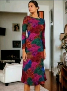 New With Tags Farm Rio Ribbed Jersey Knit Rainbow Mix Midi Animal Print Dress M - Picture 1 of 9