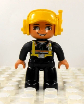 Lego Duplo Figure Fireman Helicopter Pilot black w/ yellow helmet - Image 1 of 3