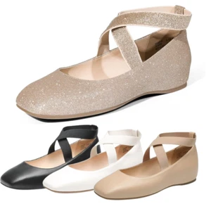 Women Elastic Ankle Strap Ballet Flat Square Toe Slip On Casual Dress Flat Shoes - Picture 1 of 36