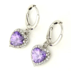 Cubic Zirconia Love Heart White Gold Plated Purple Prong Set Quality Earrings - Picture 1 of 8