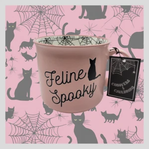 Taza de café grande de Halloween "Feline Spooky" rosa y negra 20 oz nueva - Imagen 1 de 14