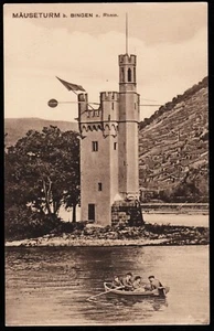 Mouse Tower Bingen am Rhein Men in a Rowing Boat Germany Postcard - Picture 1 of 2