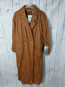 Together Tan Genuine Leather Coat Maxi Long Double Breasted Trench Sz 12 NOS Vin - Picture 1 of 10