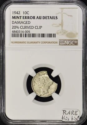 1942 Mercury Dime 20% Curved Clip Mint Error NGC AU Details; RARE This Big! - Image 1 of 4