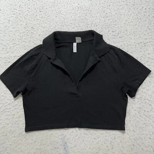 H&M Divided Women's Medium Cropped Polo Shirt Short Sleeve Black Collared Top - Picture 1 of 12