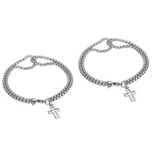  2pcs Stainless Steel Bracelet Cross Pendant Chain Bracelet Polished Double