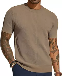 Men'S T-Shirts Casual Knit Short Sleeve Crewneck Honeycomb Waffle Solid Knitted  - Picture 1 of 12