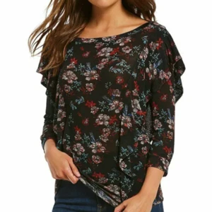 Free People size Small Womens Ruffle Floral Blouse Top Black - Picture 1 of 5