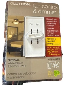 LUTRON Fan Control & Dimmer S2-LFSQH-WH Incandescent/Halogen 120V Light 300w Max - Picture 1 of 2