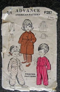 Vintage 40s 50s Child's DRESSING GOWN & PYJAMAS Sewing Pattern 3 Yrs Advance 287 - Picture 1 of 2