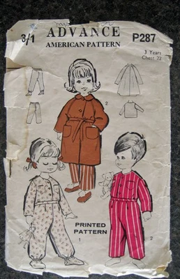 Vintage 40s 50s Child's DRESSING GOWN & PYJAMAS Sewing Pattern 3 Yrs Advance 287 - Image 1 of 2