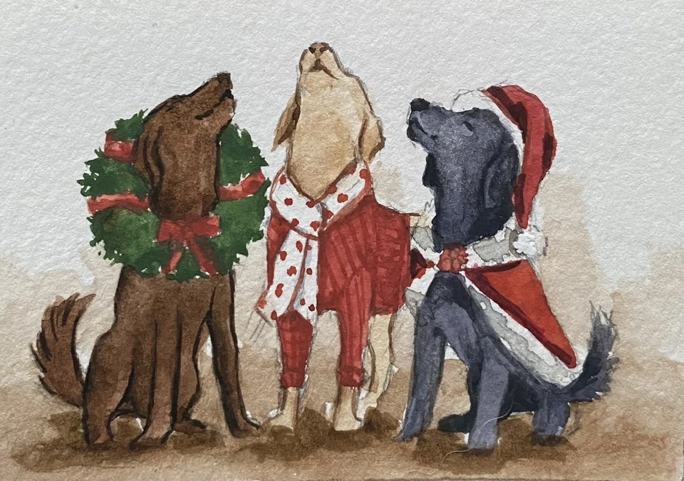 ACEO 原创混合媒体绘画艺术小狗圣诞节 — 第 1/1 张图片