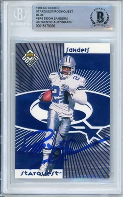 1998 UD Choice StarQuest/RookQuest Blue #SR6 Deion Sanders Cowboys BGS Auto 10 - Image 1 of 2