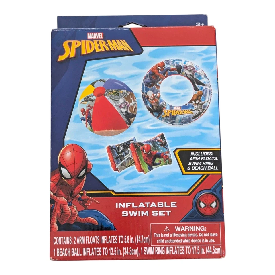 MARVEL SPIDER-MAN INFLATABLE SWIM SET WITH ARM FLOATIES SWIM RING & BEACH BALL