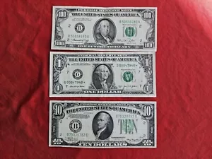 $100 1974, $1 Star 2021 Low Serial, $10 1934 A - Picture 1 of 6