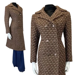 VINTAGE 60s 70s BROWN PINK SILVER KNITTED MOD WOOL COAT 14 16 - Picture 1 of 5