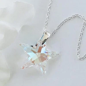 925 Silber Hergestellt mit Swarovski® Kristallen Stern Halskette Anhänger Blau AB Schmuck - Bild 1 von 10