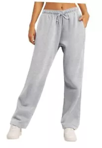 Women's Wide Leg Sweatpants Fleece Lined Baggy Straight Leg Lounge Medium Grey - Picture 1 of 6