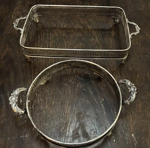 Silver Plated Footed Casserole Holder Serving Tray & Round Silver Tray Vintage!! - Picture 1 of 12