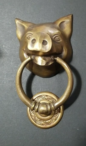 Unique PIG HEAD Door Knocker Solid Tarnished Brass 6" long #D4 Cover