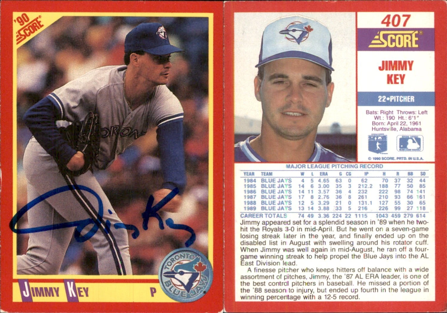 Jimmy Key Signed 1990 Score #407 Card Toronto Blue Jays Auto AU