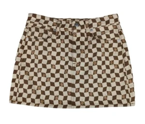Madewell Brown Checker Daisy Print Mini Denim Skirt 70s Retro Vintage Sz 32 NWT - Picture 1 of 11