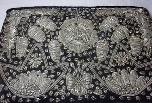 Antique Embroidered Silver Thread on Black Velvet Purse Clutch Hand Bag FLOWERS - Picture 1 of 9