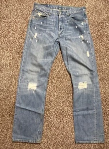 Levi's 501 Herren Jeans Blau Denim Straight Leg Distressed Knopfleiste Taille 32 L32 - Bild 1 von 9