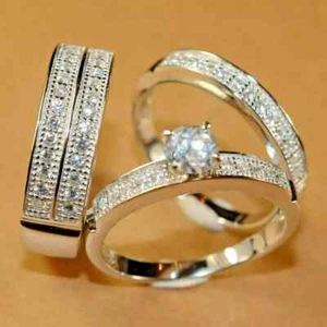 4Ct Round Lab-Created Diamond Couple Wedding Ring Trio set 14k White Gold Plated - Picture 1 of 4