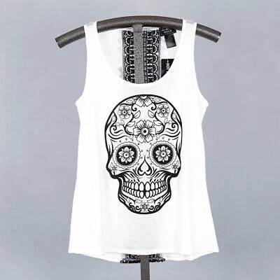 Camiseta sin mangas Midnight Hour Hot Topic blanca y negra con encaje calavera PEQUEÑA Día de Muertos  Foto 1 de 4