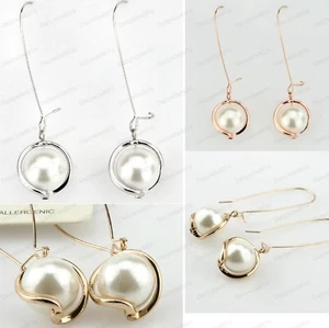PINK/GOLD/SILVER wave DROPPER long 6cm BIG PEARL DROP EARRINGS ex store fashion - Picture 1 of 8