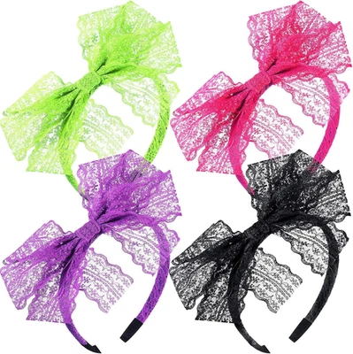 Paquete de 4 diademas retro con moño de encaje neón años 80 accesorios para el cabello para uso de disfraces para mujer Foto 1 de 4